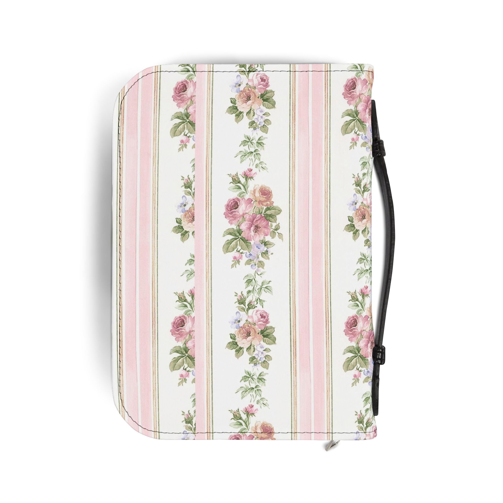 Vintage Pink Rose Stripe Bible Cover | Floral Zippered Scripture Sleeve