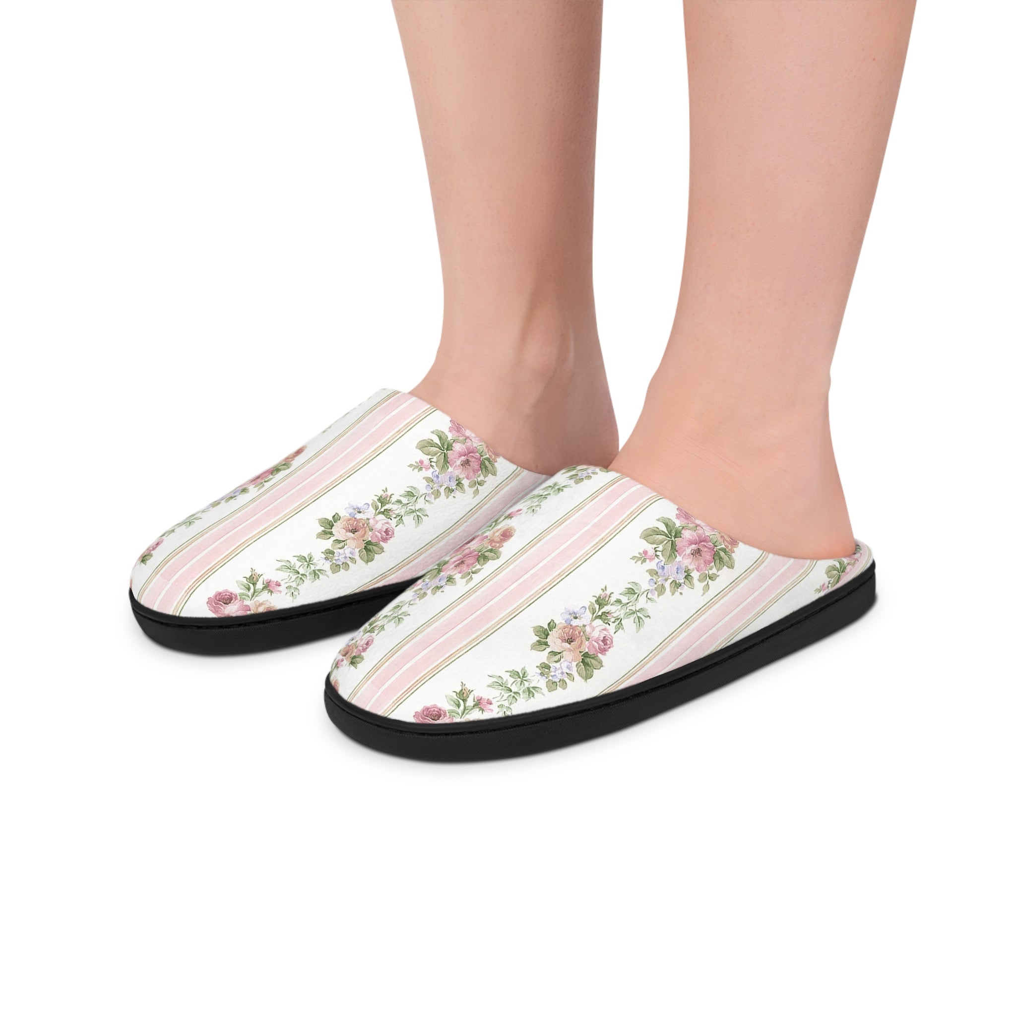 Vintage Pink Rose Stripe Women's Indoor Slippers | Floral Cottagecore