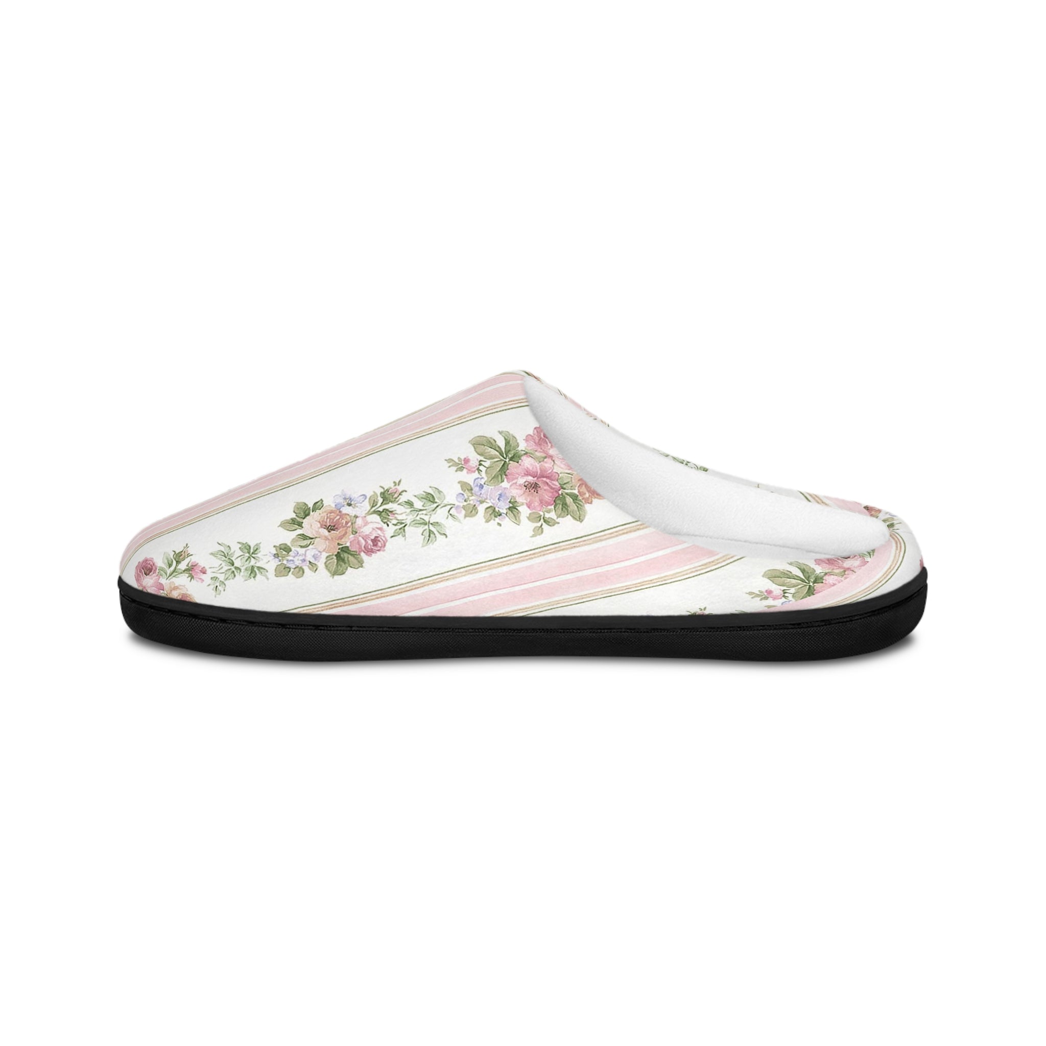 Vintage Pink Rose Stripe Women's Indoor Slippers | Floral Cottagecore