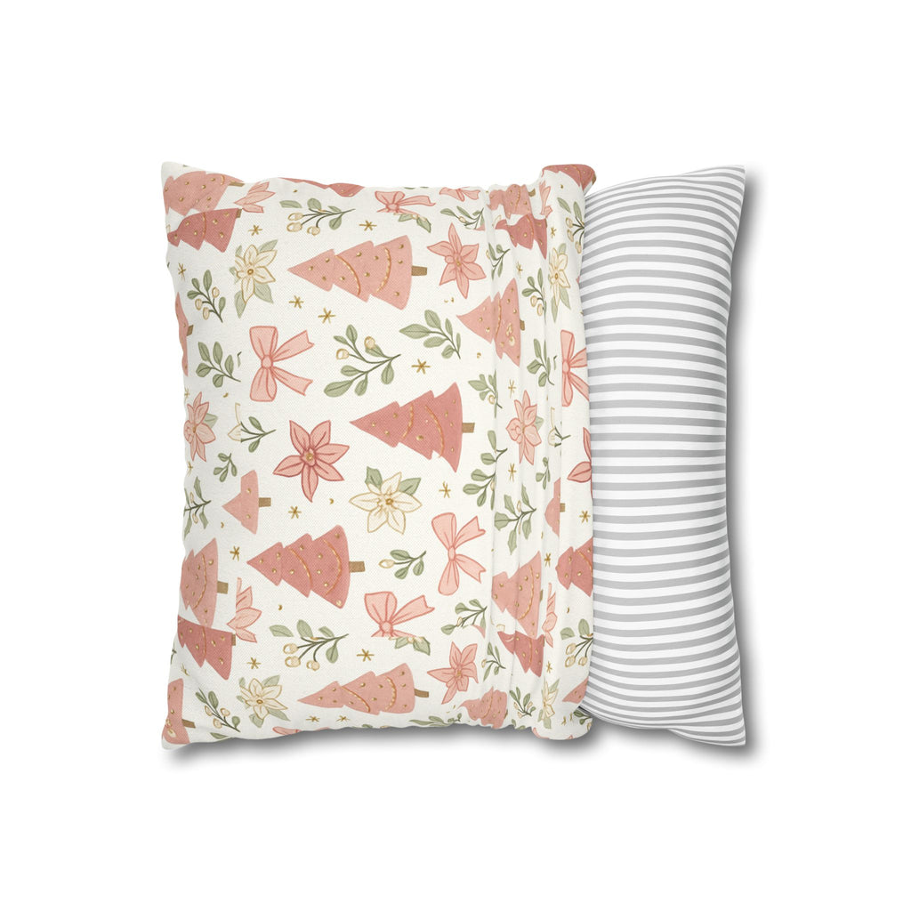 Blush Christmas Trees Pattern Pillow | Holiday Tree & Poinsettia Design