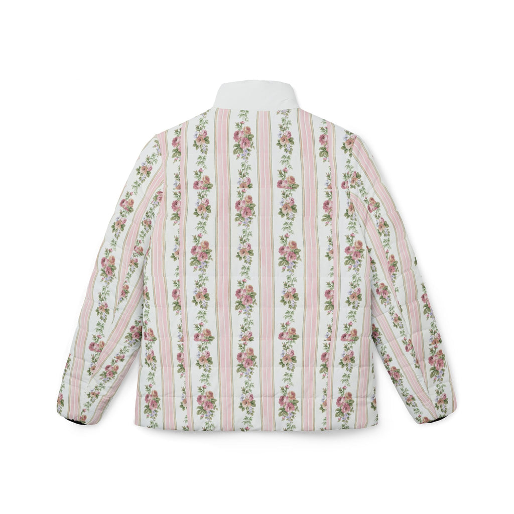 Floral Stripe Puffer Jacket — Vintage Rose Quilted Coat