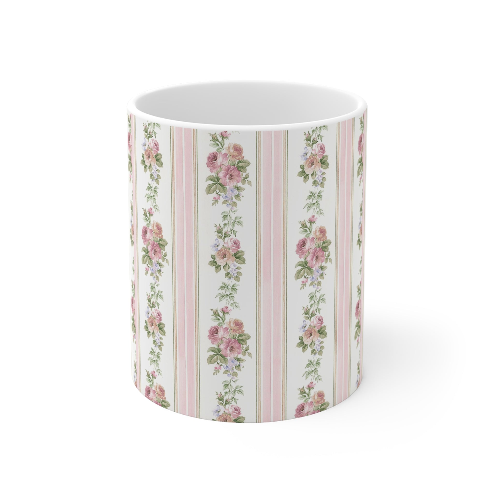 Floral Rose Stripe Mug — Vintage Cottagecore 11 oz Coffee Cup