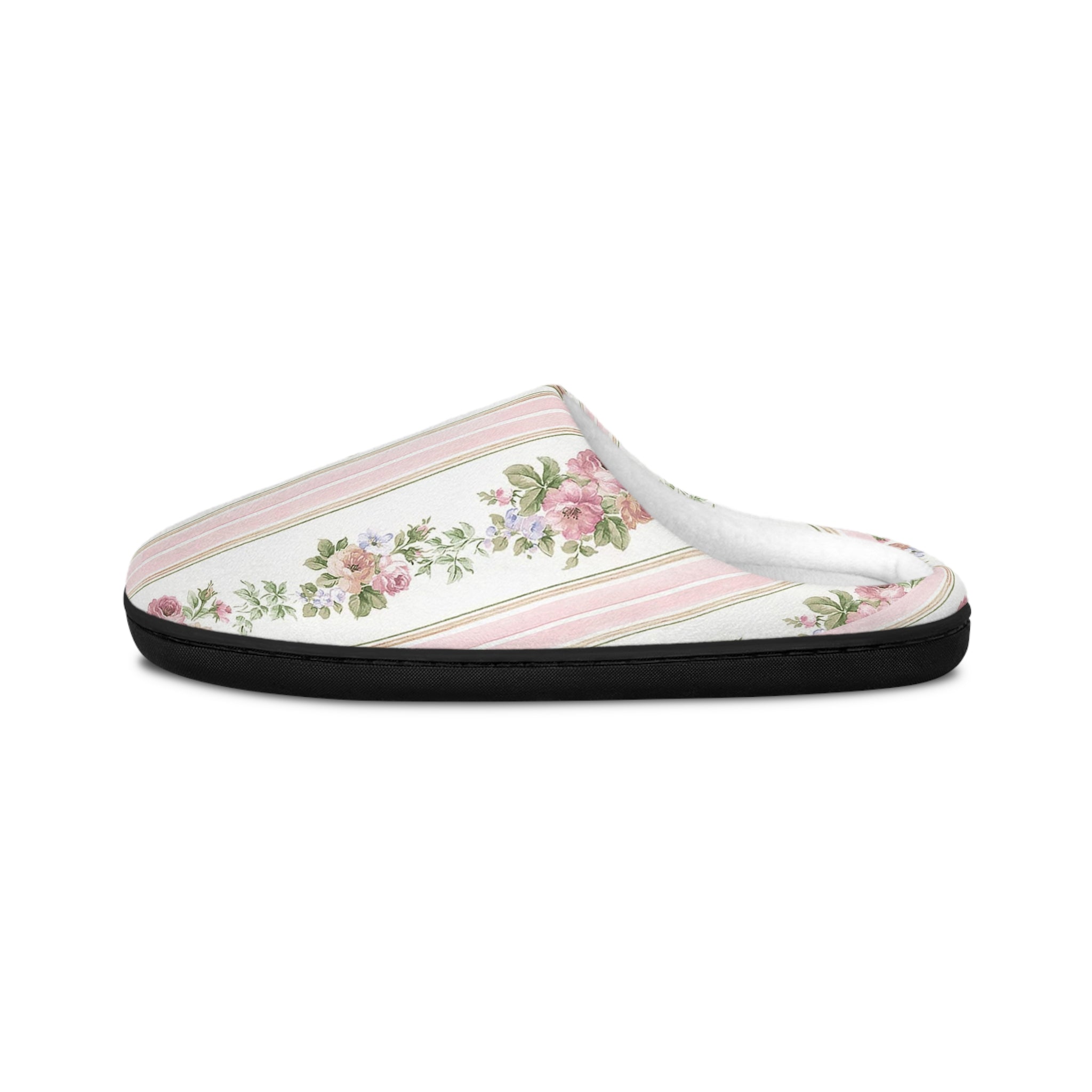 Vintage Pink Rose Stripe Women's Indoor Slippers | Floral Cottagecore