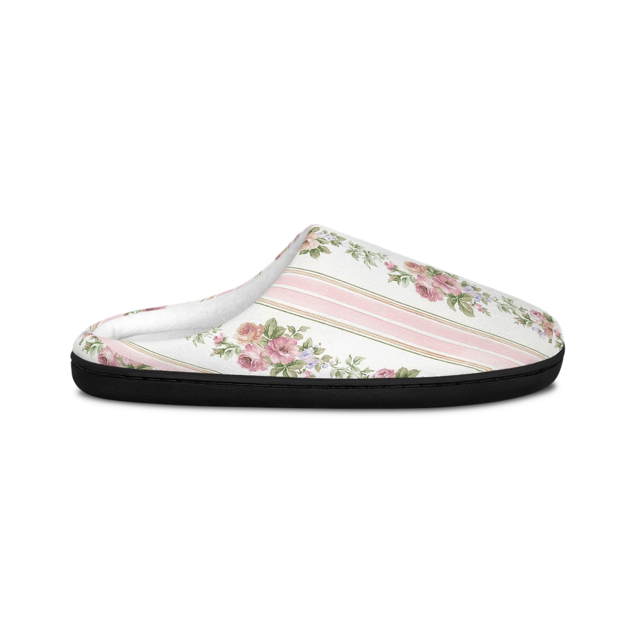 Vintage Pink Rose Stripe Women's Indoor Slippers | Floral Cottagecore