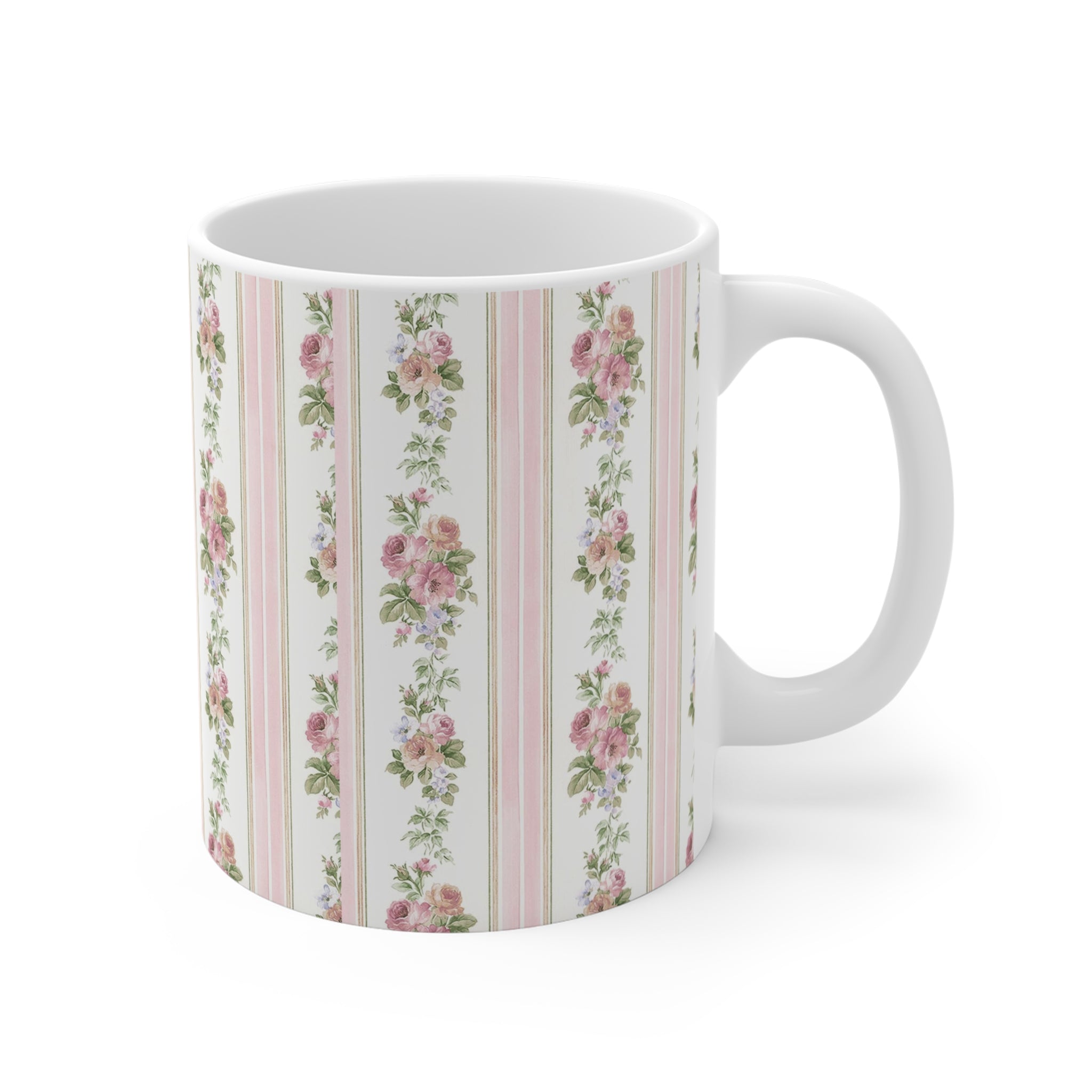 Floral Rose Stripe Mug — Vintage Cottagecore 11 oz Coffee Cup