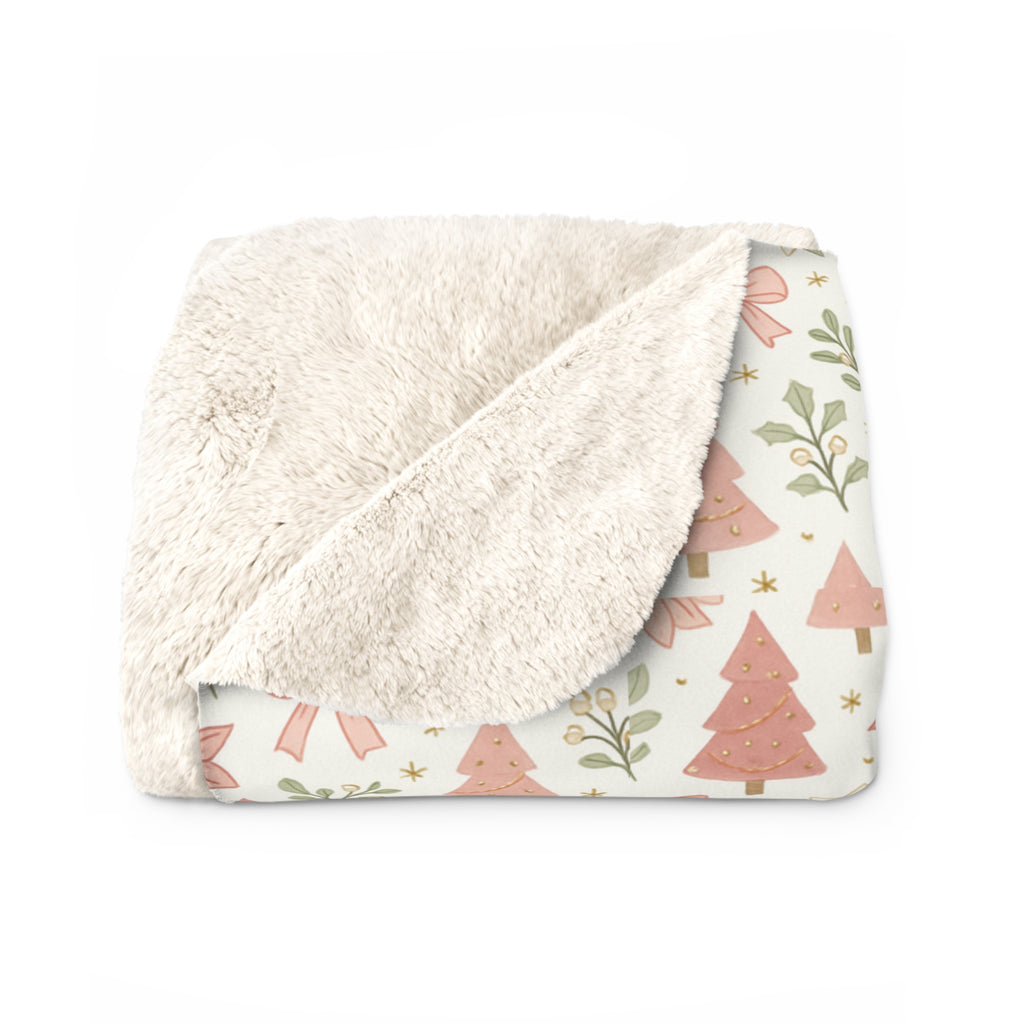 Pink Christmas Tree Pattern Sherpa Blanket | Holiday Foliage Throw