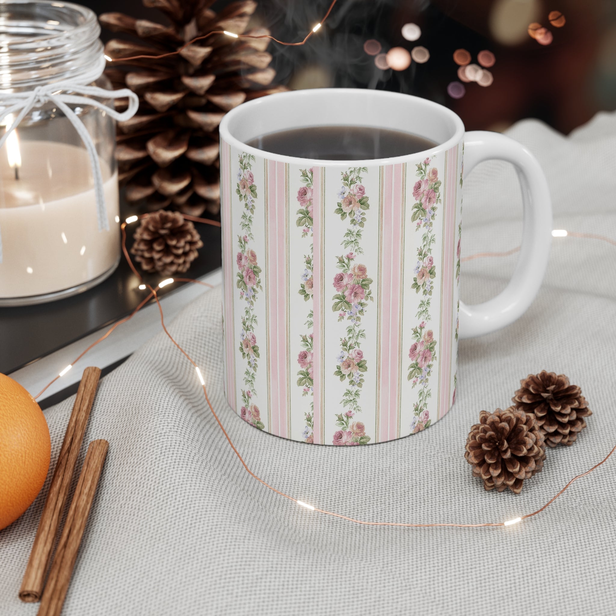 Floral Rose Stripe Mug — Vintage Cottagecore 11 oz Coffee Cup