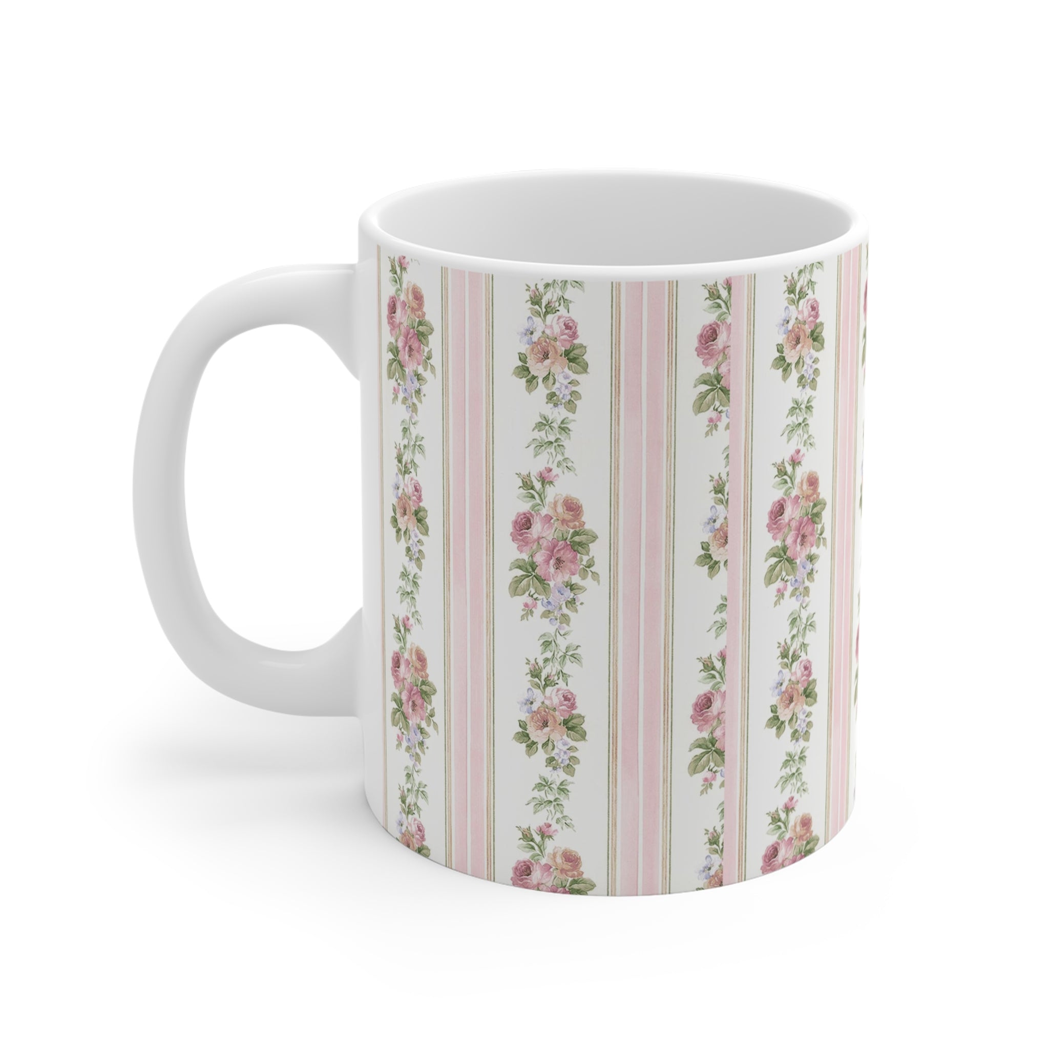Floral Rose Stripe Mug — Vintage Cottagecore 11 oz Coffee Cup