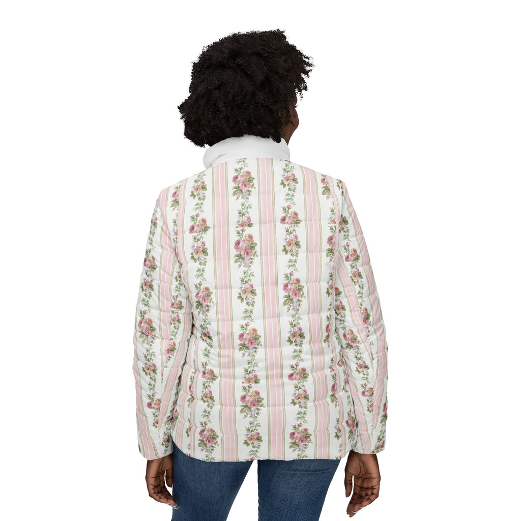 Floral Stripe Puffer Jacket — Vintage Rose Quilted Coat