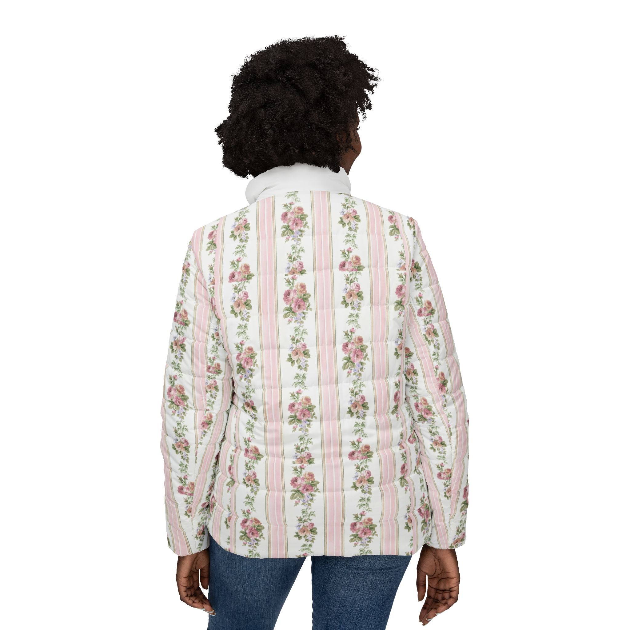 Floral Stripe Puffer Jacket — Vintage Rose Quilted Coat