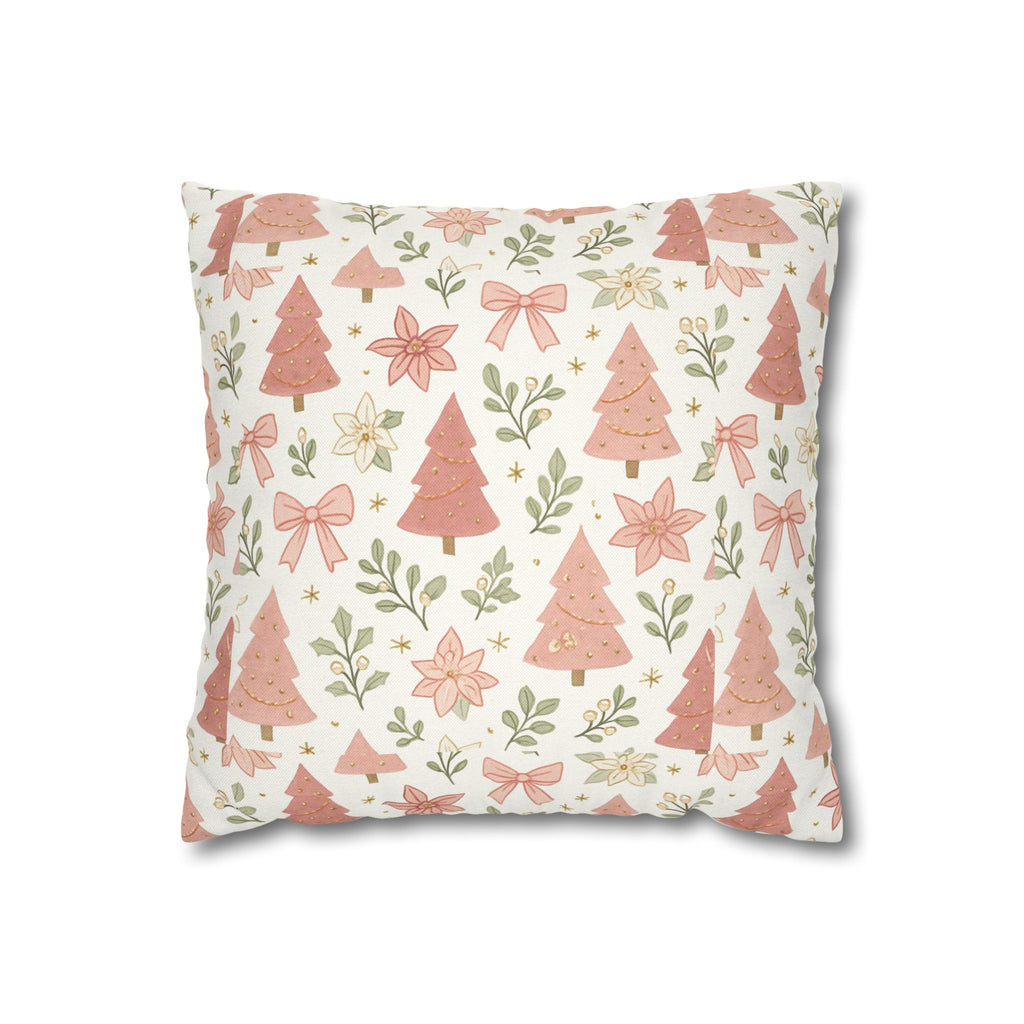 Blush Christmas Trees Pattern Pillow | Holiday Tree & Poinsettia Design