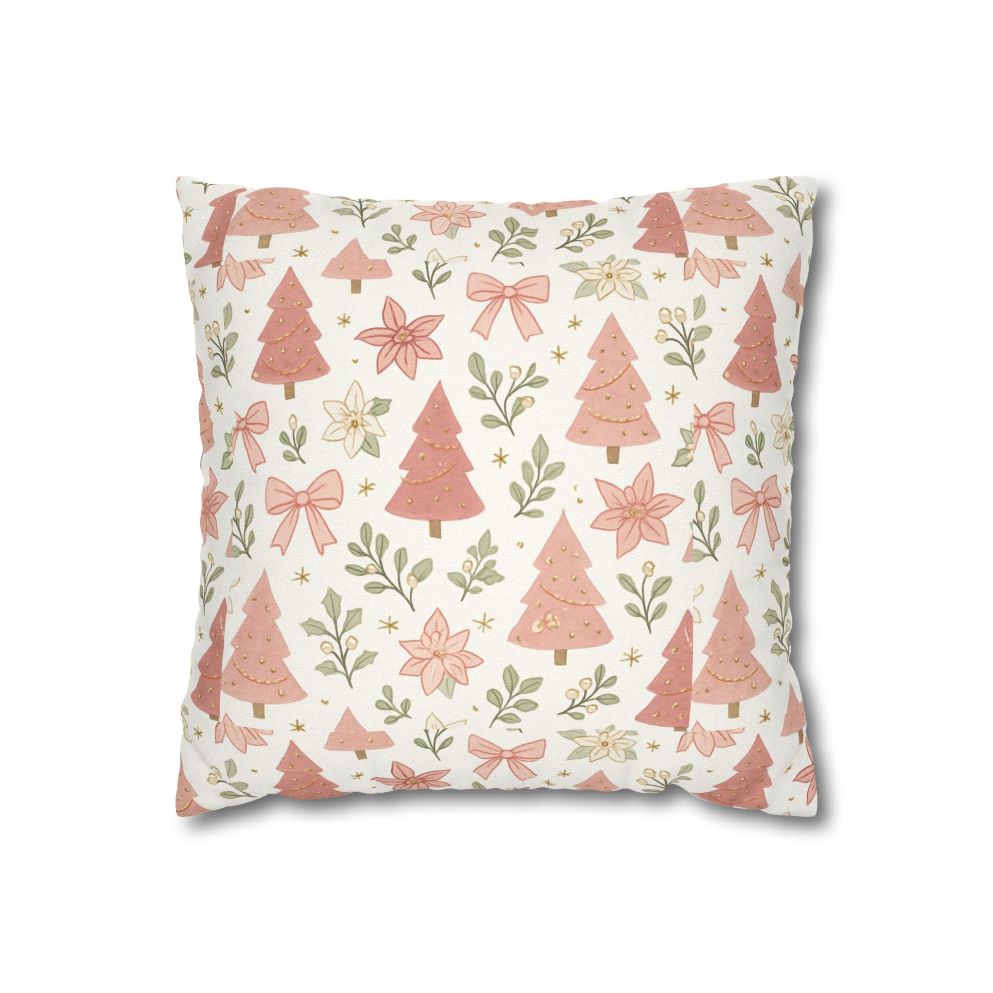 Blush Christmas Trees Pattern Pillow | Holiday Tree & Poinsettia Design