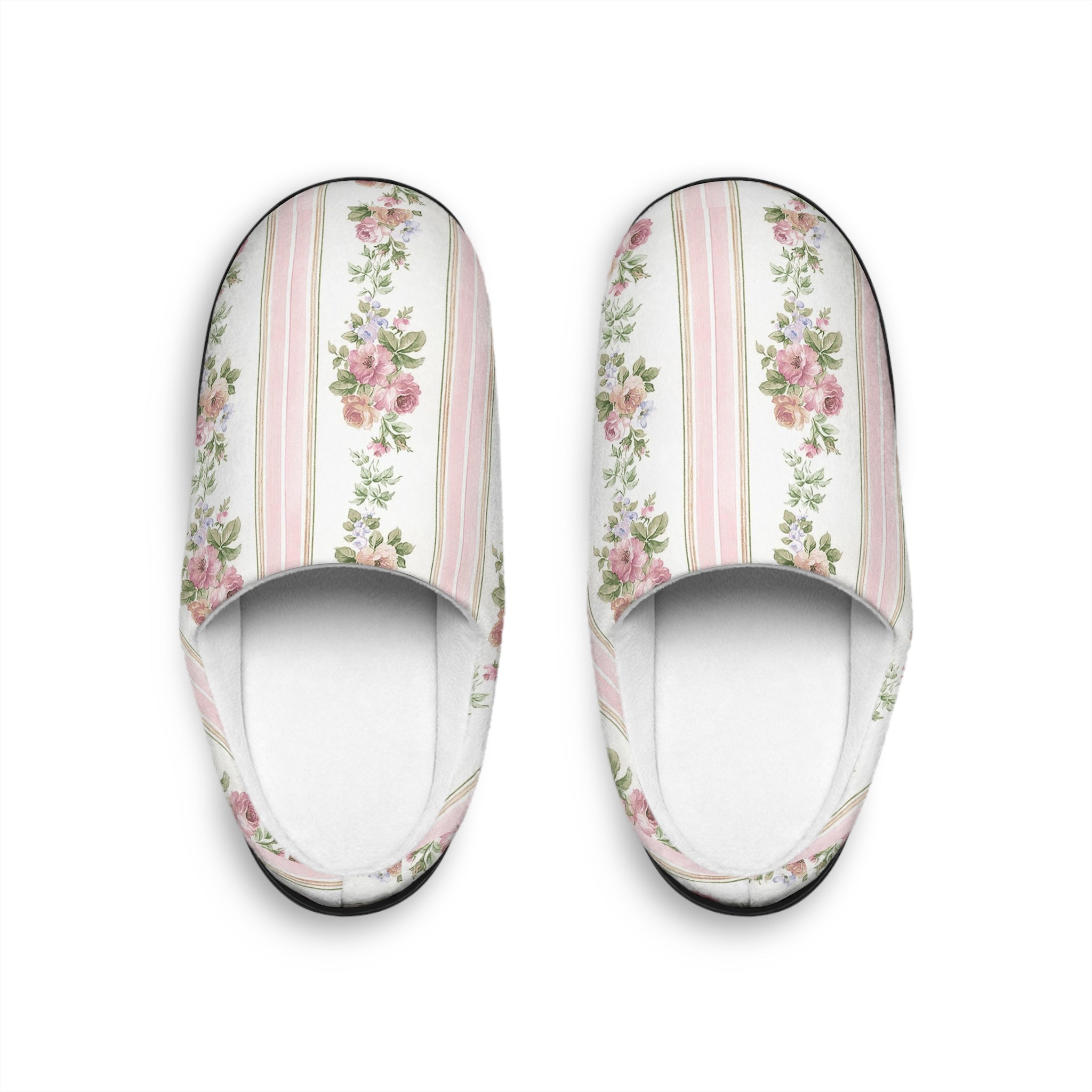 Vintage Pink Rose Stripe Women's Indoor Slippers | Floral Cottagecore