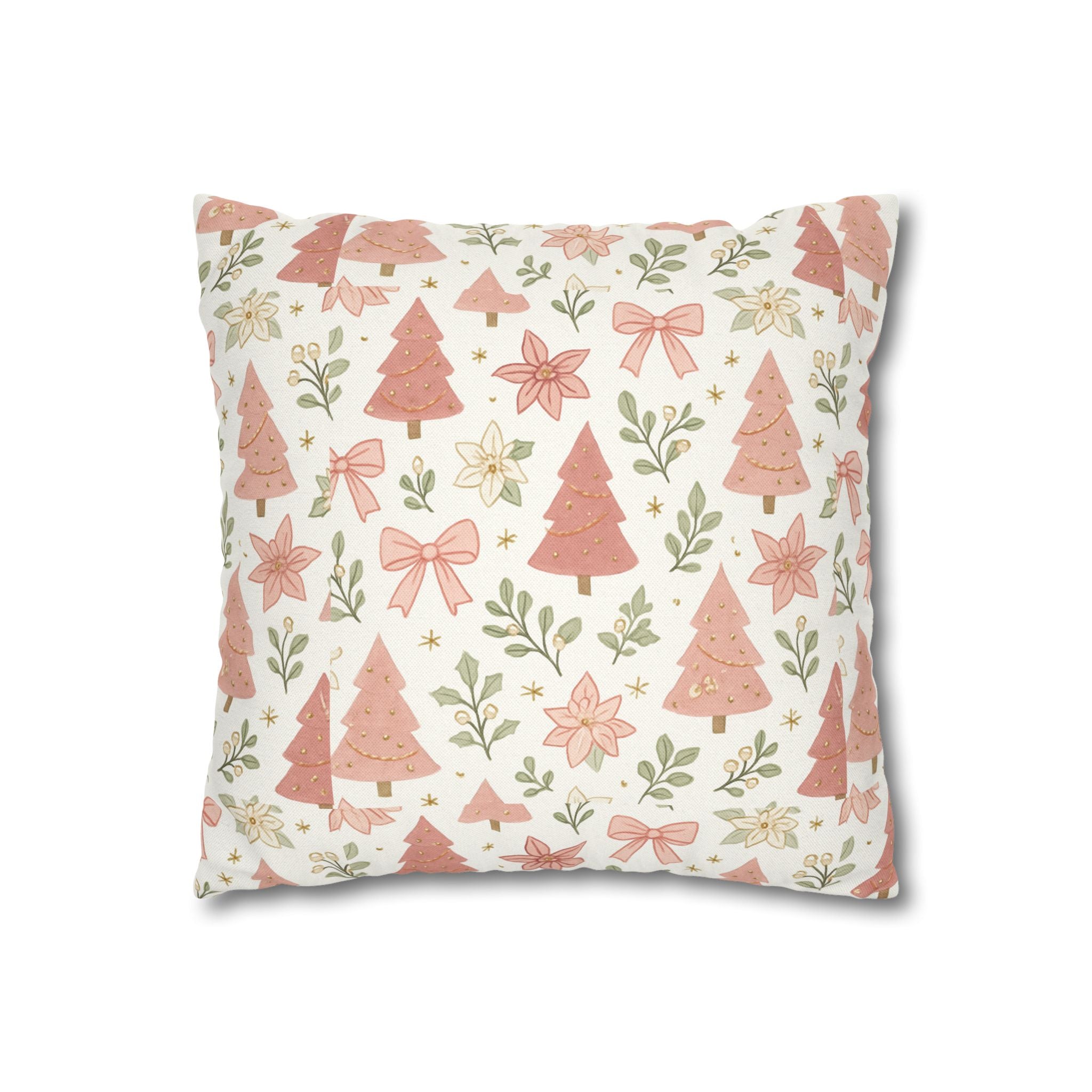 Blush Christmas Trees Pattern Pillow | Holiday Tree & Poinsettia Design
