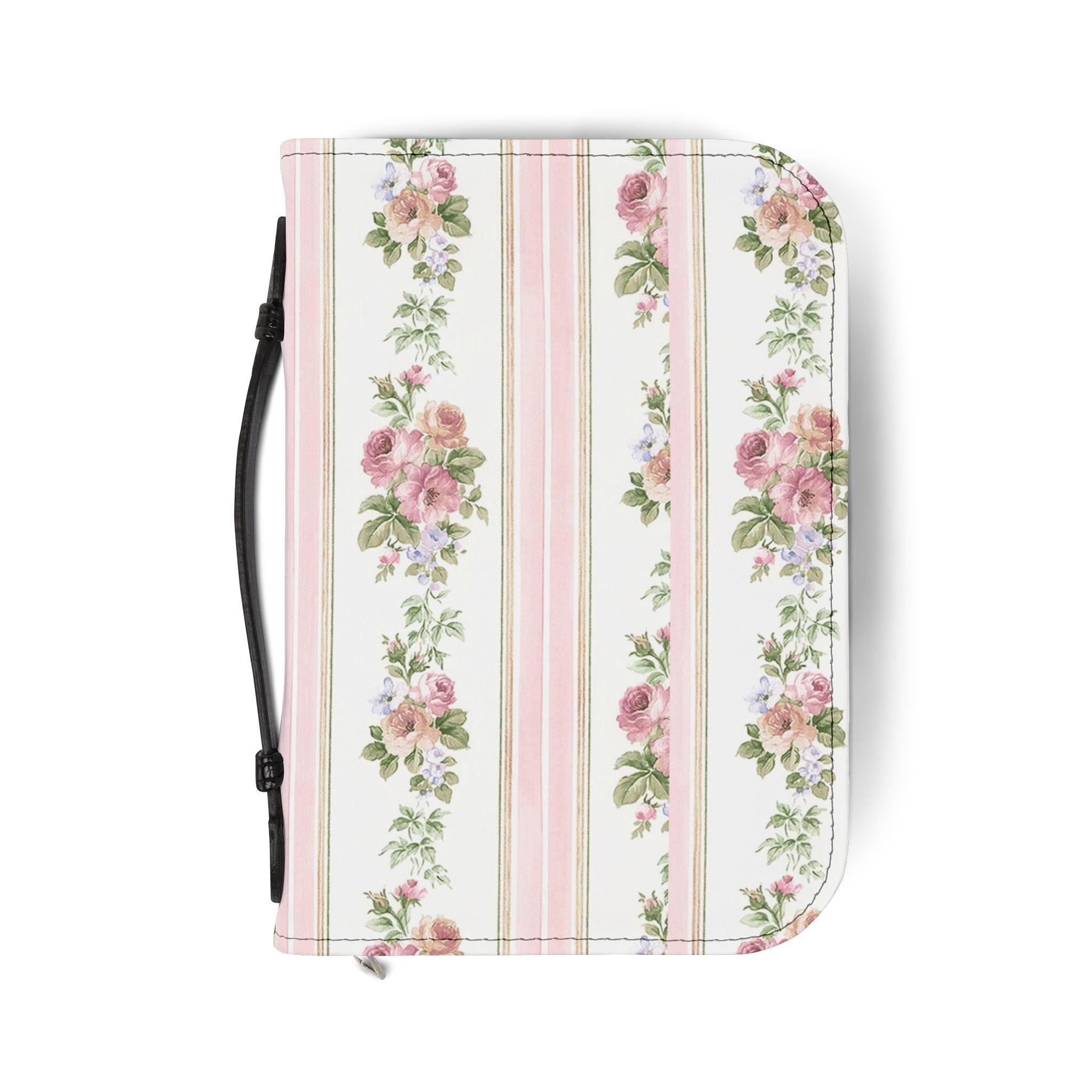 Vintage Pink Rose Stripe Bible Cover | Floral Zippered Scripture Sleeve