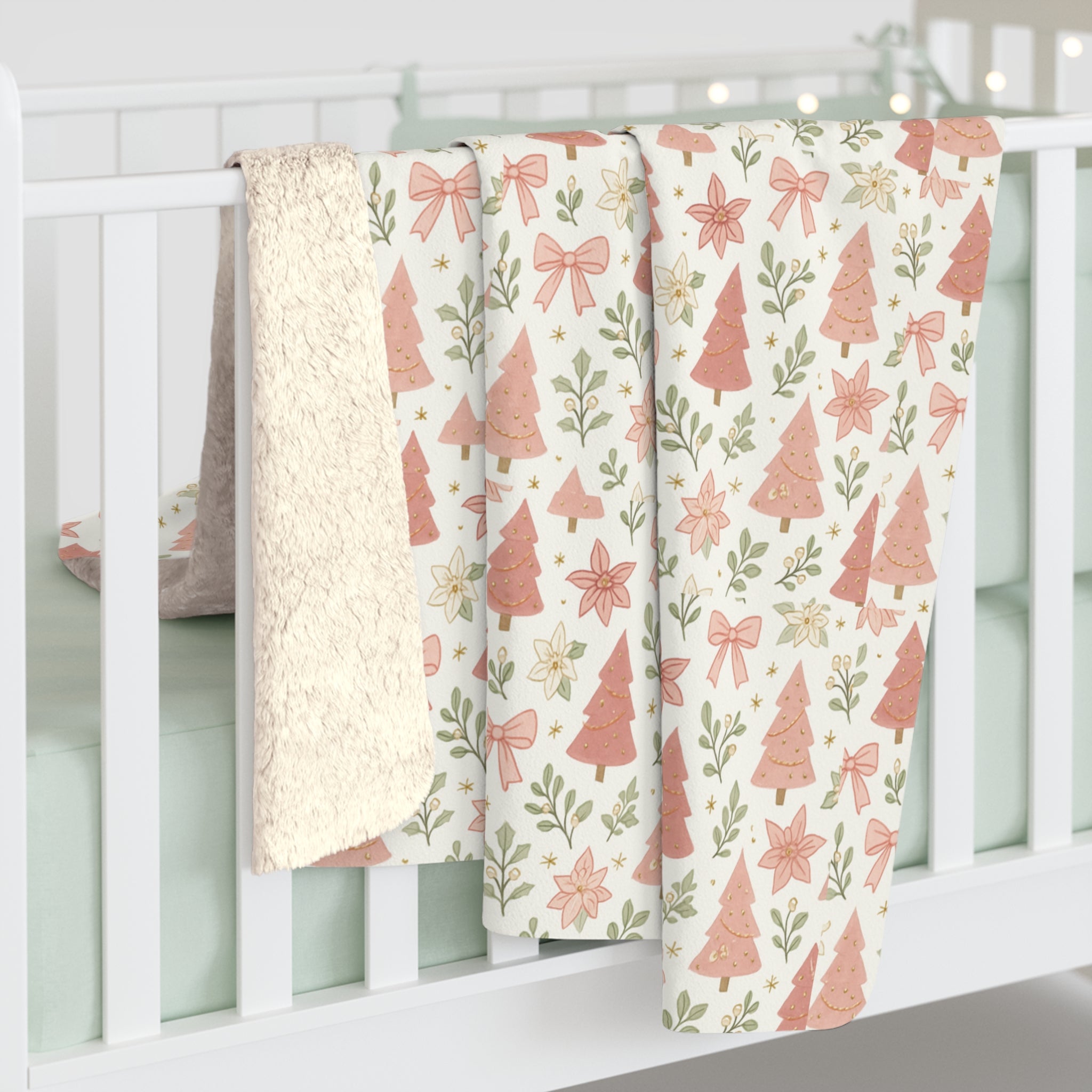 Pink Christmas Tree Pattern Sherpa Blanket | Holiday Foliage Throw