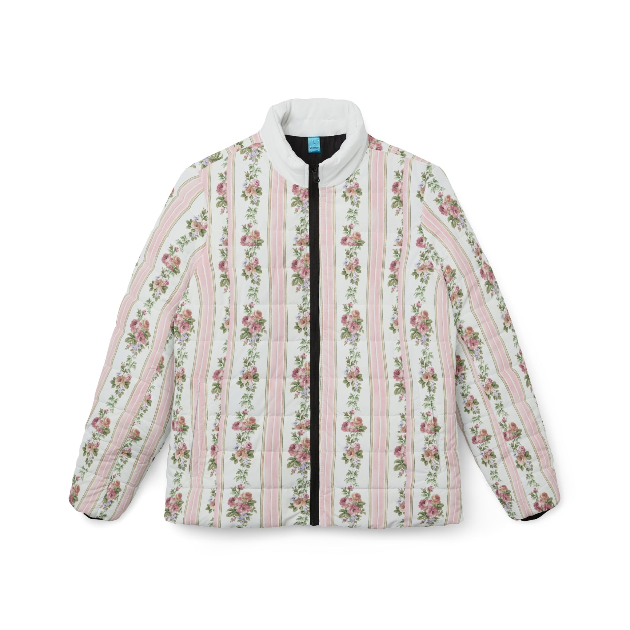 Floral Stripe Puffer Jacket — Vintage Rose Quilted Coat