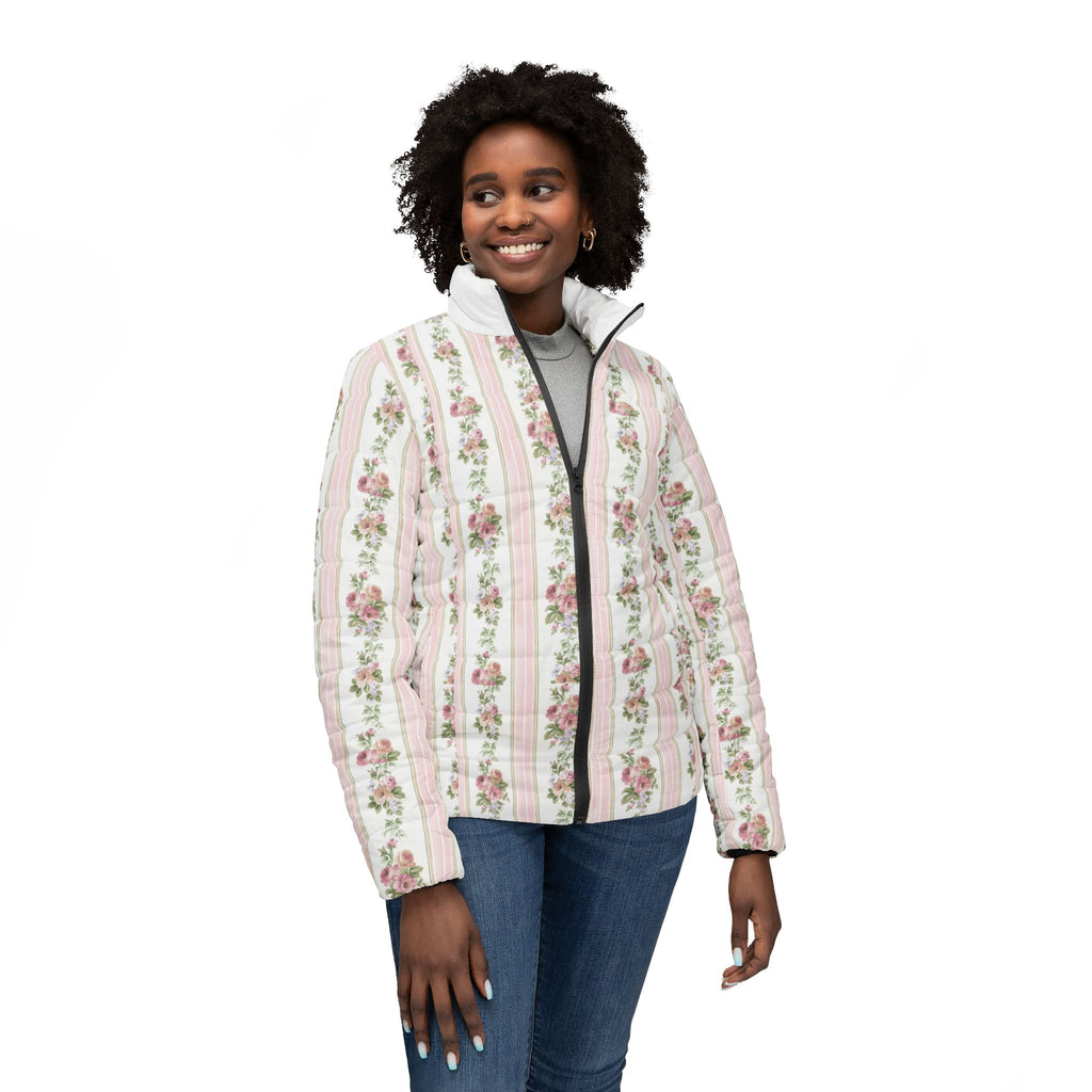 Floral Stripe Puffer Jacket — Vintage Rose Quilted Coat